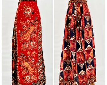 Vintage 1960s / 1970s Batik Peacock Paprika Black Diamond Checker Print Maxi Skirt