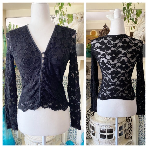Vintage 90s Black Lace Sheer Long Sleeve Button Do