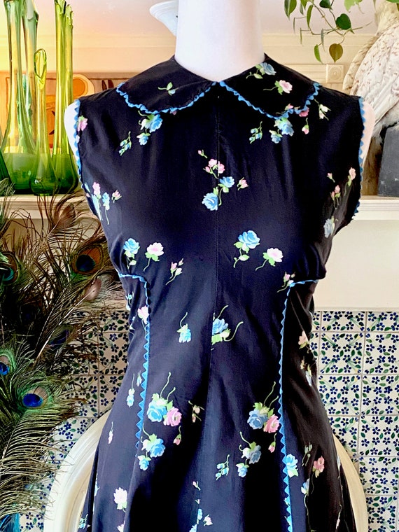 Vintage 1950s Black Cotton Floral Sundress - Aqua… - image 4
