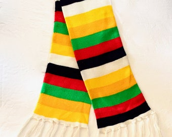 Vintage 70s Colorful Striped Long Scarf with Tassel Fringe -