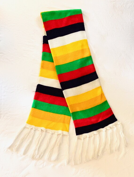Vintage 70s Colorful Striped Long Scarf with Tasse