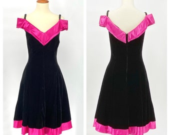 Vintage 1980’s Black Velvet and Hot Pink Satin Off The Shoulder Party Dress Crinoline Underlay Holiday Party