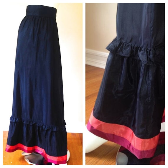 Vintage 1970's Black Maxi Skirt with Pink & Magen… - image 1