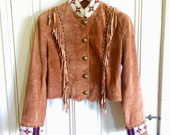 Vintage 90s Suede Fringe Studded and Beaded Jacket by Scully Leather EXCELLENT condition -