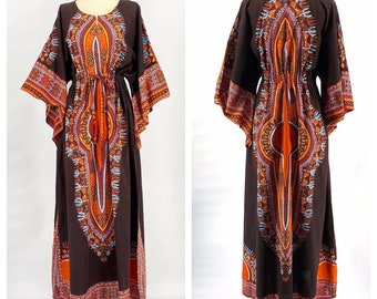 Vintage 1970s True Vintage Dashiki Dress - Angel Wing Sleeves - Tribal Brown and Orange Batik Block Print - Empire Waist