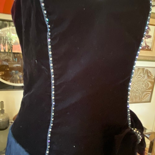 Vintage 80s Black Velvet shops Flapper Dress with Rhinestones, Fringe and Big Bow