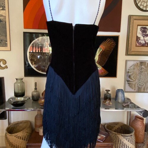 Vintage 80s Black Velvet shops Flapper Dress with Rhinestones, Fringe and Big Bow