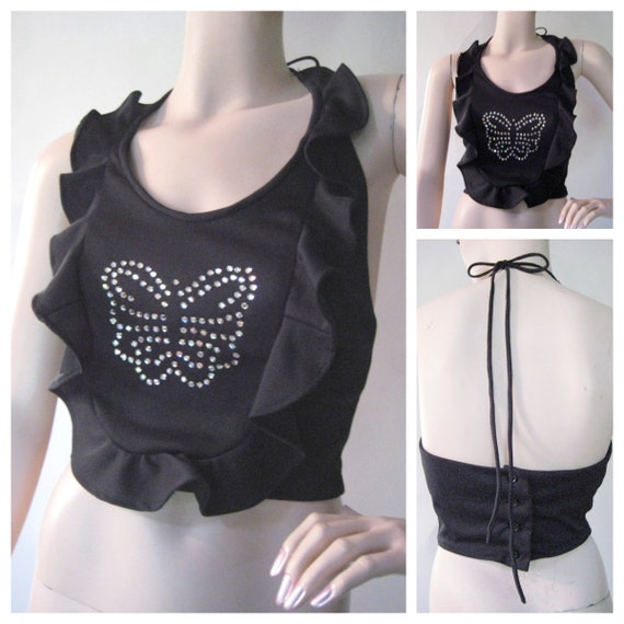 Vintage 1970's Black Rhinestone Butterfly Halter T