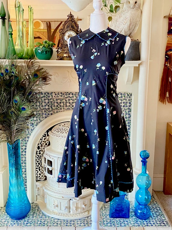 Vintage 1950s Black Cotton Floral Sundress - Aqua… - image 2