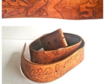 Vintage 1970's Leather Tooled Belt with Letter "S" Initial and Acorns and Oak Leaves -