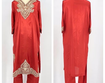 Vintage Indian 2 Piece Tunic Set Jewel Tone Rust / Burnt Orange Satin Gold and Silver Beaded Salwar Kameez Punjabi Suit