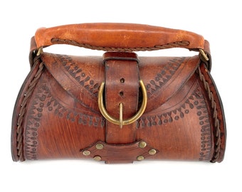 RARE Vintage Late 60's / Early 70's Hand Tooled Leather Doctor Bag Purse Brass Buckle Boho Western