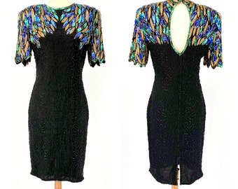 Vintage 80s 'Lawrence Kazan New York' Beaded Black Silk Cocktail Peacock Dress