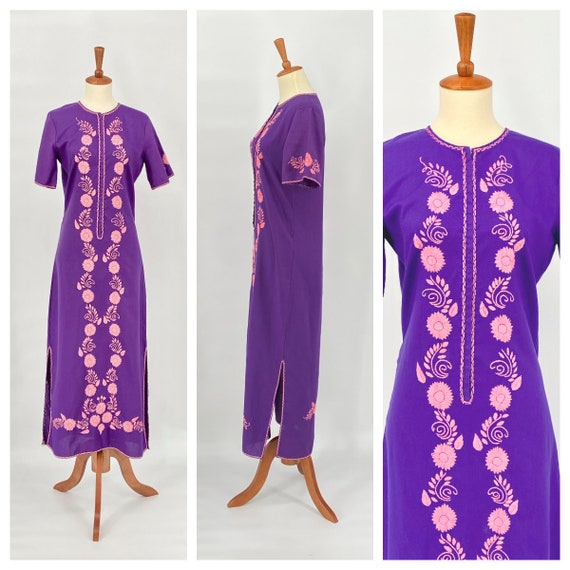 Vintage 60s / 70s Purple and Pink Embroidered Sho… - image 1