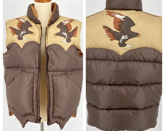 RARE Vintage Late 70s Early 80s Ripstop Rose Seattle - Eagle Appliqué Down Puffer Vest - Brown Tan Rust