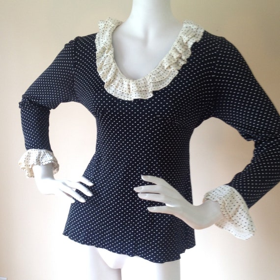 Vintage 1970's Black and White Polka Dot Tunic To… - image 1