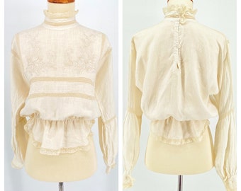 Vintage 70's 'Gunn Trigère Ltd. Beverly Hills' Cream Colored Linen Lace Blouse