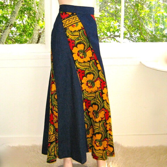 Vintage 70's Dark Denim Maxi Skirt - Paneled Vibr… - image 2