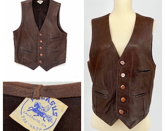 RARE 60s 70s Tailored Deerskin Vest Chocolate Tobacco Brown - Genuine Natural Stag Horn Buttons by 'Pegasus' Leathers Sausalito Ca - Unisex