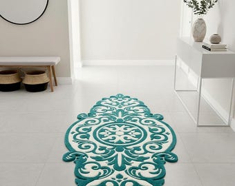 Hand Tufted Wool Damask Rug: Teal Scalloped Accent Carpet