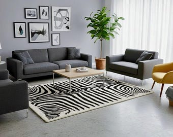 Zebra Pattern Wool Rug, Black White Hand Tufted Area Rug, Modern Animal Print Carpet