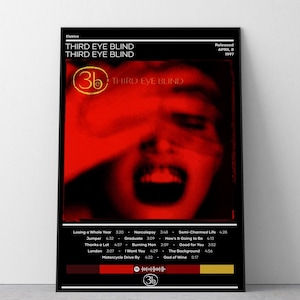 May include: A black and white album cover for the album "Third Eye Blind" by the band "Third Eye Blind". The album cover features a red and white image of a person's face with their hand covering their eye. The album title is printed in white text on a black background. The album was released in April 1997.