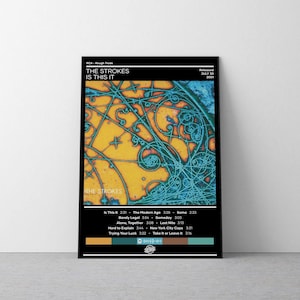 以下が含まれることがあります： ストロークスのアルバム「イッツ・ディス・イット」の白黒のアルバムカバー。アルバムカバーは青と黄色の抽象的なデザインが特徴です。アルバムのタイトルは黒地に白文字で印刷されています。アルバムのトラックリストは黒地に白文字で印刷されています。