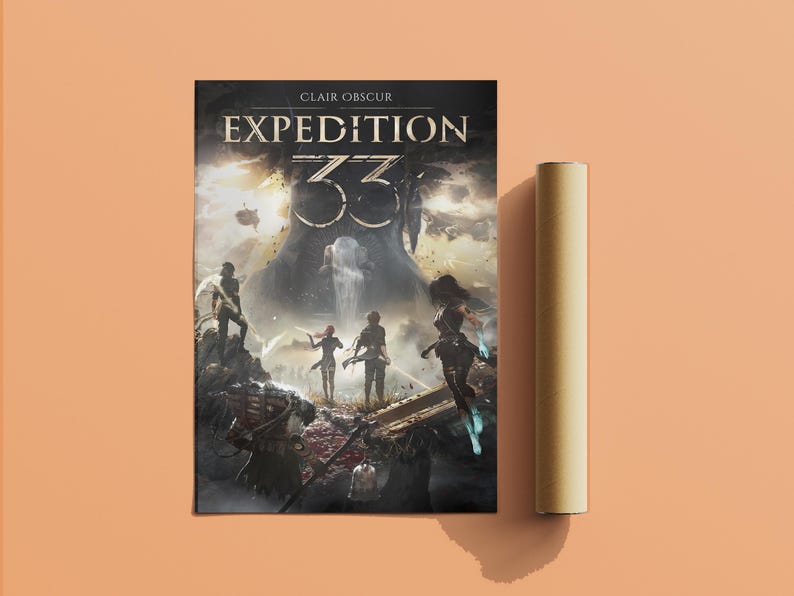 May include: A poster with the title "EXPEDITION 33" and the words "Clair Obscur" at the top. The poster features a fantasy scene with figures and a large, ominous structure. A rolled-up poster is next to it.