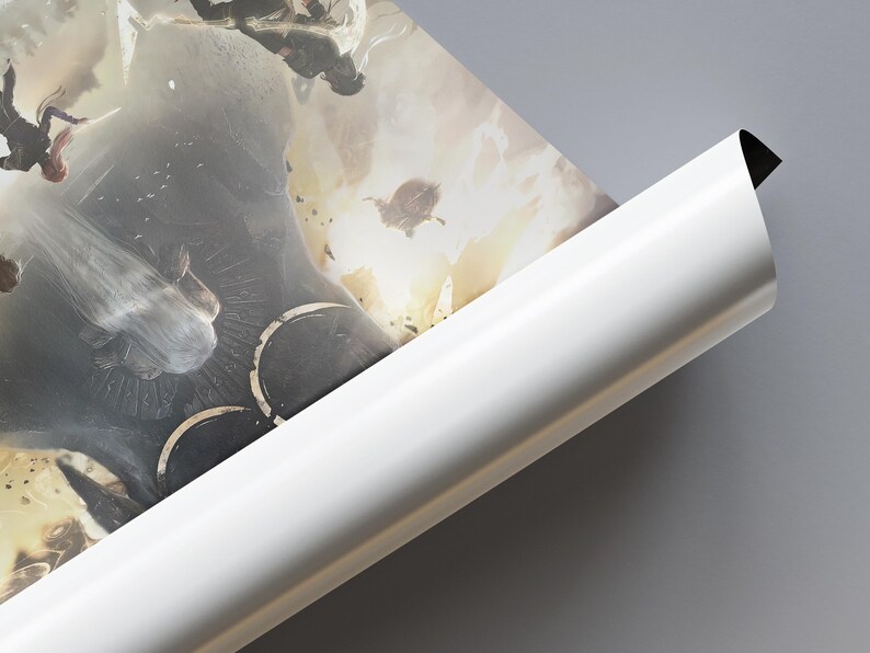 May include: A rolled poster displaying a fantasy scene with figures in flight, set against a backdrop of a celestial event. The artwork has a dark, dramatic colour palette with highlights of gold and white.