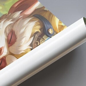 May include: A close-up of a white and gold rabbit character with closed eyes. The rabbit has a blue and gold headband with a strap across the forehead. The rabbit's fur is fluffy and white with a hint of gold.