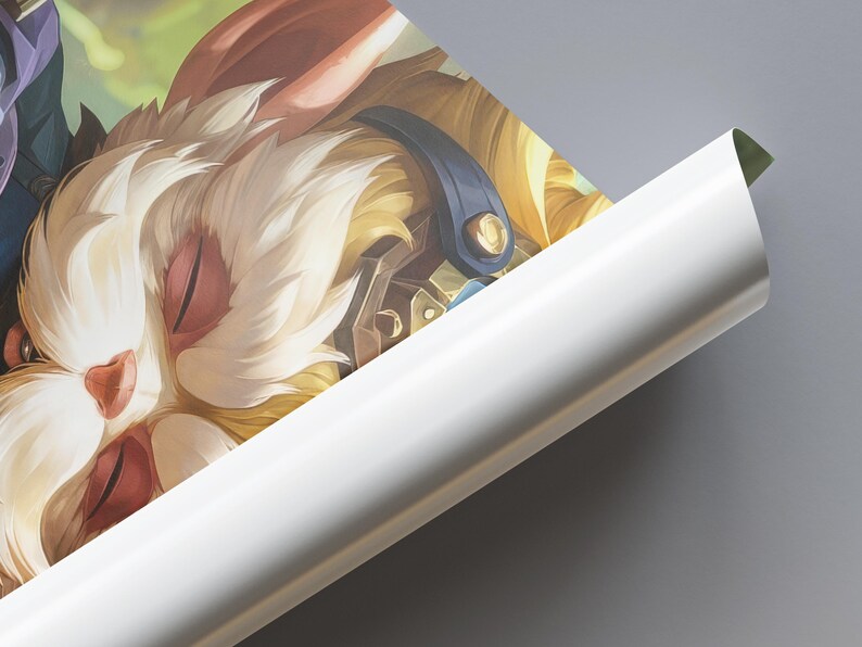 May include: A close-up of a white and gold rabbit character with closed eyes. The rabbit has a blue and gold headband with a strap across the forehead. The rabbit's fur is fluffy and white with a hint of gold.