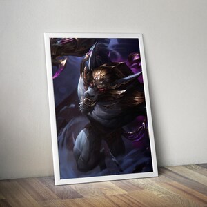 May include: A digital illustration of a wolf-like creature with glowing purple eyes and gold accents. The creature is surrounded by a purple mist and has a fierce expression.