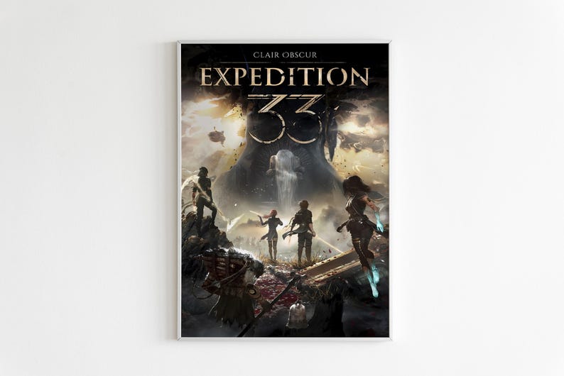 May include: A framed poster with the text "CLAIR OBSCUR EXPEDITION 33" in gold. The artwork shows a fantasy scene with figures, a waterfall, and a dark structure in the background. The colour palette is dark with highlights, creating a dramatic effect.
