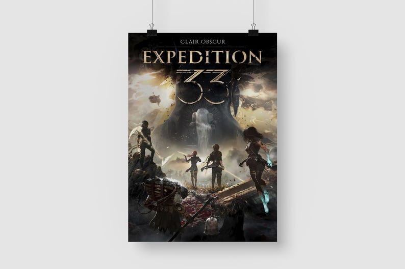 May include: A poster for "Clair Obscur: Expedition 33" featuring a dramatic fantasy scene. The artwork depicts figures in a desolate landscape with a large, ominous figure in the background. The title and game logo are prominently displayed.