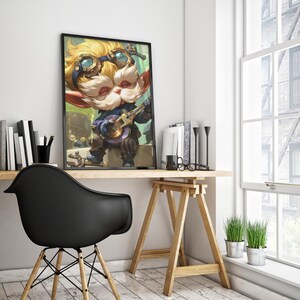 May include: A black framed poster featuring a cartoon character with yellow fur, wearing goggles and playing a guitar. The character is standing on a stage with a microphone and a crowd of people in the background.