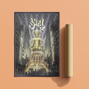 May include: A framed poster featuring the band Ghost's logo and artwork. The artwork depicts a golden figure in a throne room with architectural elements and figures. A brown poster tube rests beside the poster.