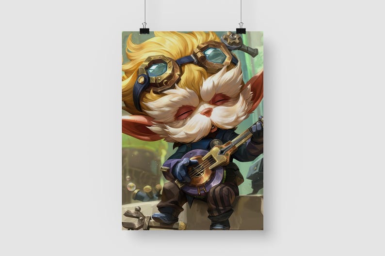 May include: A cartoon character with yellow fur, wearing goggles and a blue and purple outfit, plays a lute-like instrument. The character has a mischievous expression and is set against a green and brown background.