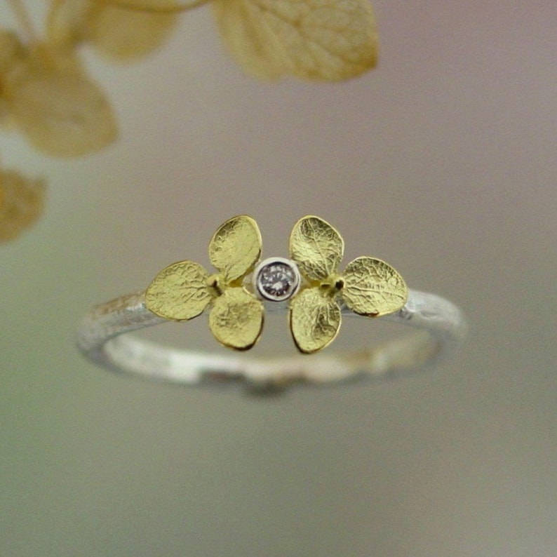 Diamond Engagement Ring, Floral Botanical Jewelry, Stacking Ring, Flower Ring, Tiny 18k Gold Hydrangea, Sterling Silver Band, Made to order image 3