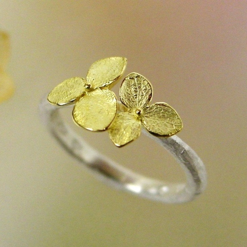 Silver and Gold Ring Hydrangea Stacking Ring, Twig, Leaf Ring, Botanical Jewelry, 18k Flowers, Made To Order image 2