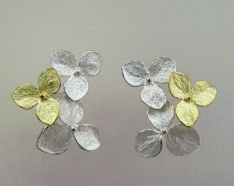 Flower Earrings, Silver and Gold Earrings, Two Tone Hydrangea Flower Cluster Earrings, Wedding Earrings, Post Earring, Made to Order