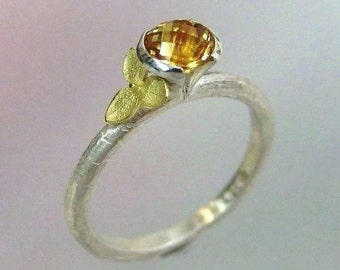 Rosecut Citrine Ring, Gemstone Ring, Stacking Ring, 18k Gold Hydrangea, Sterling Ring, Flower Ring, November Birthstone, Made to Order