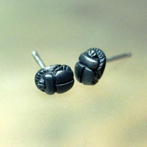 May include: A pair of silver stud earrings featuring a detailed scarab beetle design.
