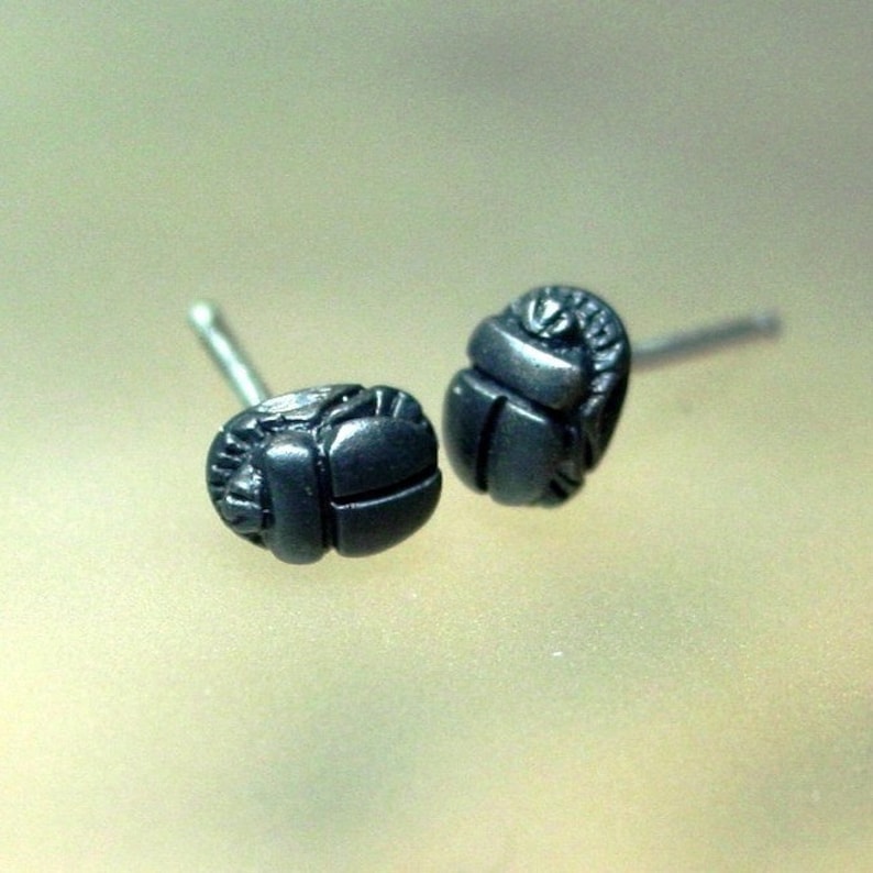 May include: A pair of silver stud earrings featuring a detailed scarab beetle design.