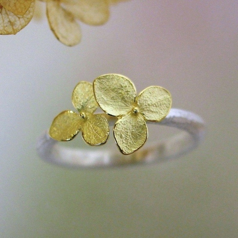 Silver and Gold Ring Hydrangea Stacking Ring, Twig, Leaf Ring, Botanical Jewelry, 18k Flowers, Made To Order image 3