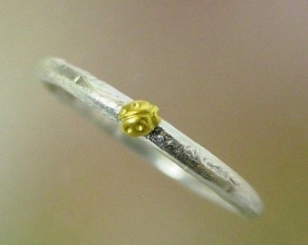 Ladybug Stacking Ring, Sterling Silver Ladybug Ring, Tiny 18k gold Ladybug, Ladybird, Silver Stacking Ring, Made to order