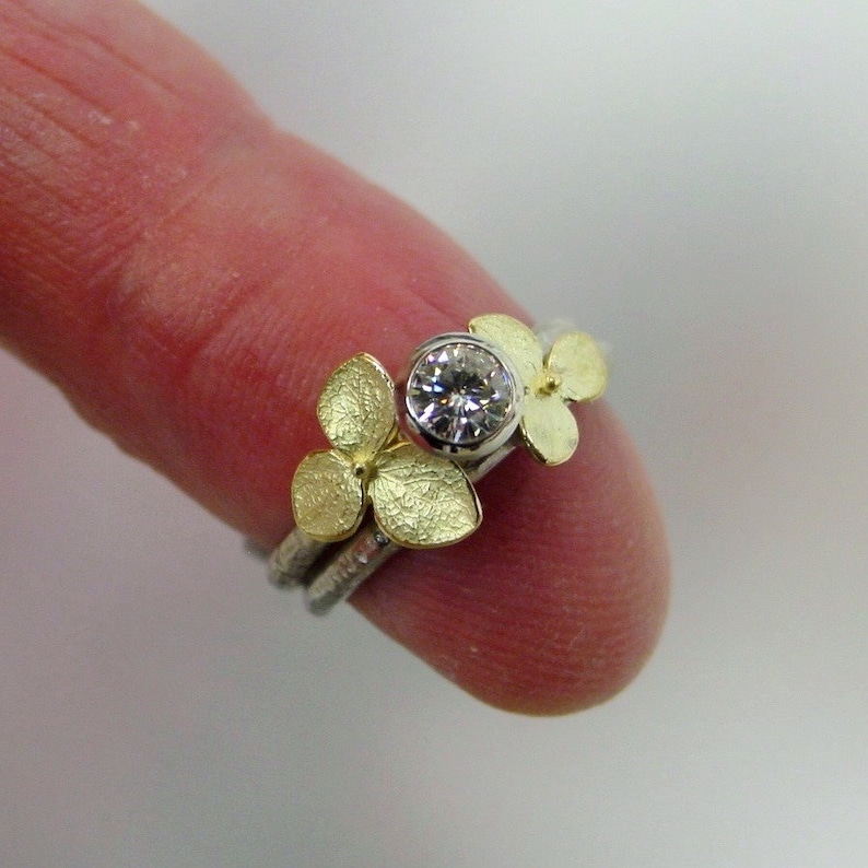 Floral Engagement Ring Set, Moissanite Wedding Band Set, White Gold, Yellow Gold Hydrangeas, Engagement Wedding Ring Set, Made to order image 5