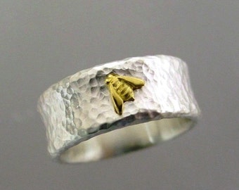 Wide Silver Bee Ring, Hammered Silver Band, Honeybee Ring, 18k Gold Bee, Two Tone Ring, Tiny Gold Bee, Made To Order