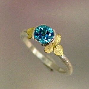 Blue Topaz Ring, December Birthstone Stacking Ring, Gemstone Ring, Botanical Flower Ring, 18k gold Hydrangea Flowers, Made to order image 3