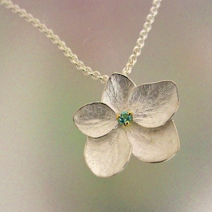 Hydrangea Flower Necklace with Blue Topaz, Sterling Hydrangea Pendant, Silver Flower Necklace, Floral Necklace, Made to Order