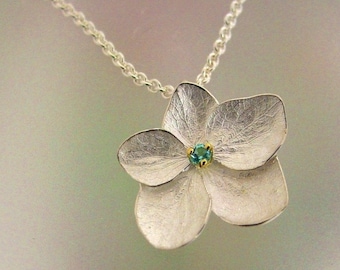 Hydrangea Flower Necklace with Blue Topaz, Sterling Hydrangea Pendant, Silver Flower Necklace, Floral Necklace, Made to Order